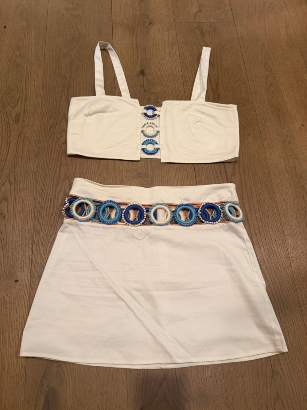 My beach side White Embellished Mini Skirt and top set